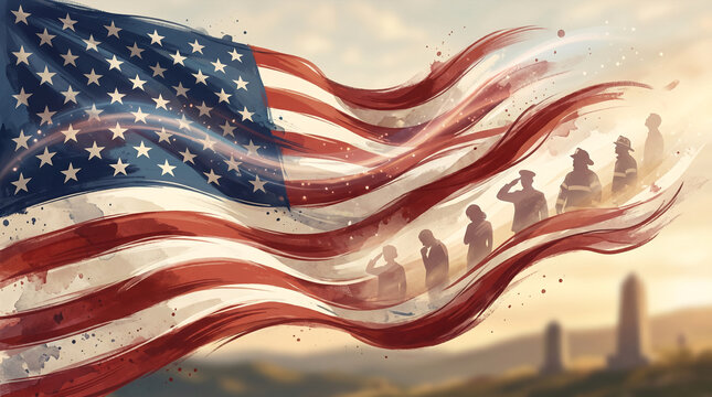 American flag waving over silhouettes of heroes.