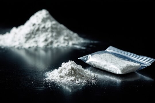 White Powder Piles and Plastic Baggie with Substance on Reflective Black Surface