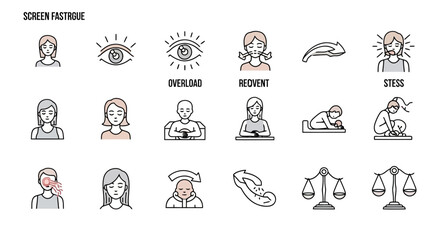 Fototapeta premium Modern vector icons of fatigue, stress, and mental exhaustion symptoms, representing the diverse challenges to human well-being in a fast-paced world