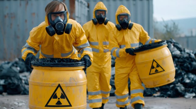 Workers in hazmat suits disposing radioactive waste