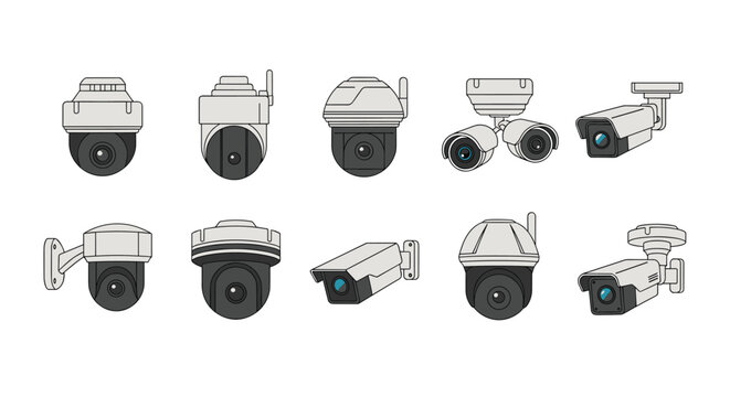 Set of various modern security cameras including dome, bullet, and fixed models used for surveillance and protection.