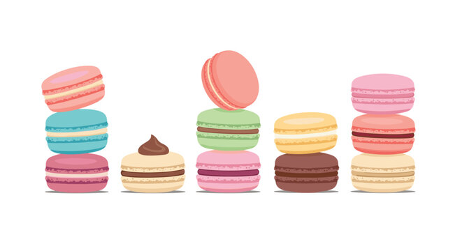 Rows of colorful French macarons stacked in various heights showing different flavors and pastel colors on white background.