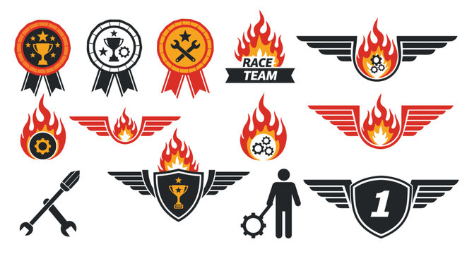 Bold racing and mechanic emblems featuring trophies, wreaths, wings, fire, and tools in a black, red, and orange color palette.