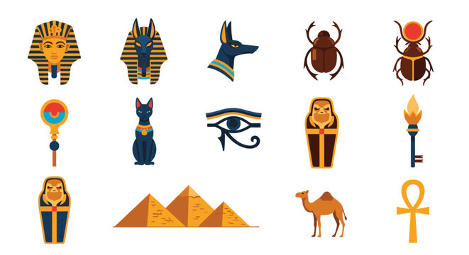 Set of iconic ancient Egyptian symbols and artifacts including pharaohs, pyramids, gods, and religious symbols in a flat style.