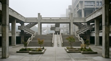 Fototapeta premium Geometric Concrete Architecture Featuring Open Staircases and Paved Courtyard Under Hazy Sky 123456789012345678901234567890123456789012345678901234567
