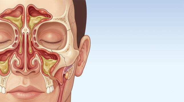 Medical illustration of human paranasal sinuses anatomy showing inflammation and mucus buildup