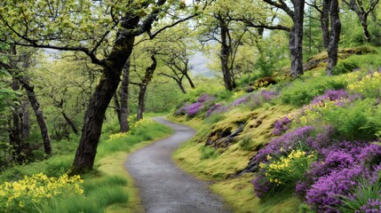 Fototapeta premium Winding path through forest with blooming heather flowers