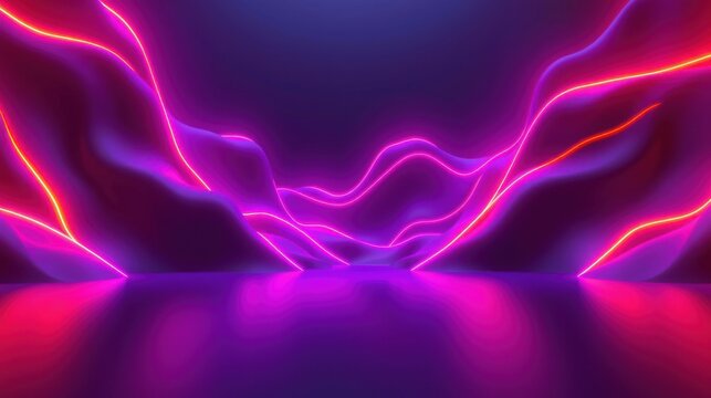 Abstract neon lights create futuristic space. Vivid pinks, purples dominate dark background. Smooth curves suggest energy flow.