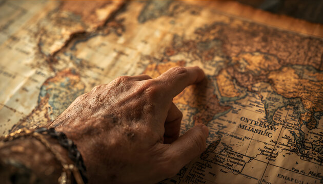 Navigating the Past: A weathered hand tracing routes across an antique map, a journey through time and the pursuit of discovery.