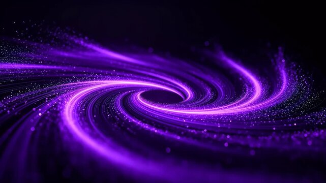 Purple spiral vortex with glowing light bands and particles on black background