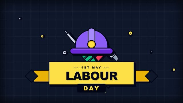 International Labour Day Animation Banner with Safety Helmet and Tools for May 1st