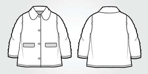 Kids oversized fleece jacket front and back view technical flat drawing vector mockup template. © Clothing Design