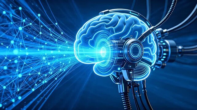 Futuristic digital human brain with glowing blue neural network nodes and mechanical structure