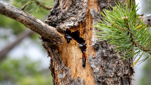 Pine tree trunk dripping natural amber sap