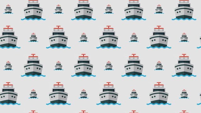 Ship and cruise boat icons on water waves, marine transportation and travel industry concept animation.