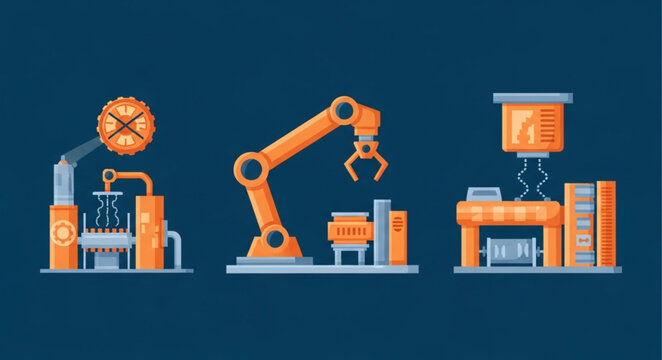 Industrial factory machines with robotic arm and automated production lines.