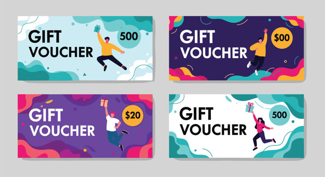 Collection of colorful gift voucher templates featuring happy people jumping with joy and celebrating promotional discount offers.