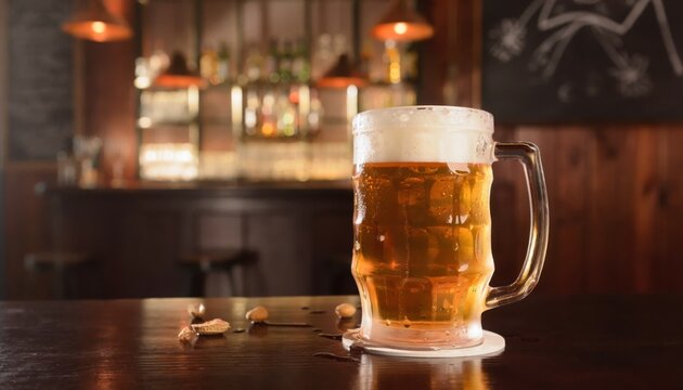Frothy pint of golden ale in a pub setting with peanuts on the bar