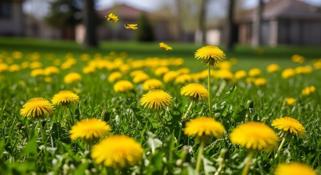 Yellow Dandelions Blooming in Green Spring Grass