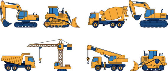 Construction Machinery Icon Set with Excavators, Cranes, Bulldozers, and Trucks for Building, Engineering, and Industrial Designs © MdMehedi
