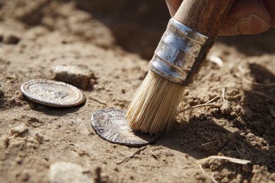 Close up of an archaeologist cleaning ancient silver coins with a brush during excavation
