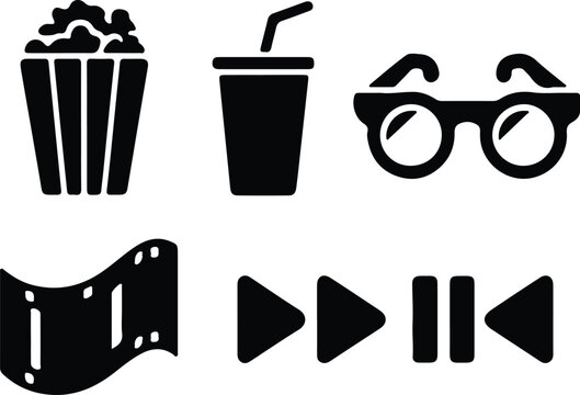 Cinema Icons Set Popcorn Drink Sunglasses Film Reel and Play Buttons