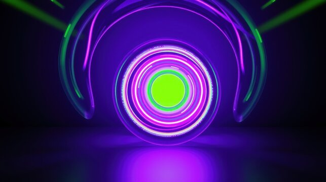 Bright neon circles radiate from central point. Futuristic design, dark background enhances vibrant glow. Minimalist aesthetic, captivating visual.