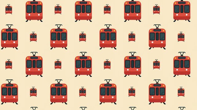 Red tram or train icons on beige background, urban public transport and city commuting concept animation.