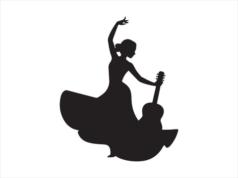 Flat vector illustration of adult female flamenco dancer with guitar silhouette isolated clipart design
