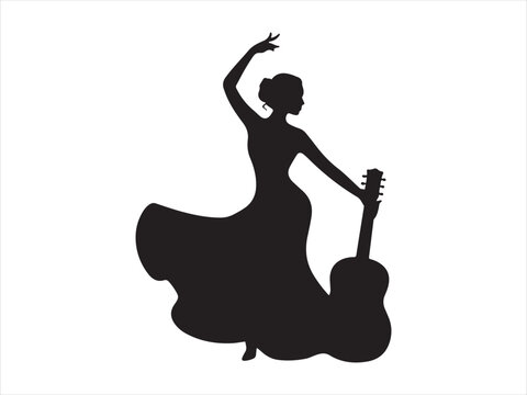 Flat vector illustration of adult female flamenco dancer with guitar silhouette isolated clipart design