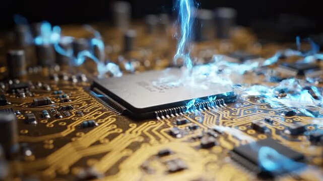 A microchip on a circuit board with blue flames rising from it.