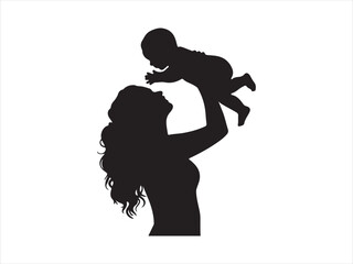 Minimalist mother playfully lifting baby in the air a striking black silhouette vector illustration  © Chan