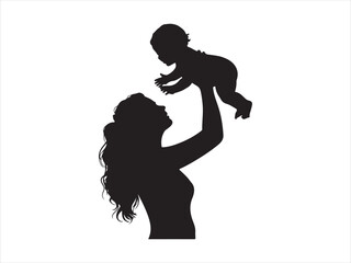 Minimalist mother playfully lifting baby in the air a striking black silhouette vector illustration  © Chan
