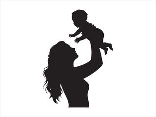 Minimalist mother playfully lifting baby in the air a striking black silhouette vector illustration  © Chan