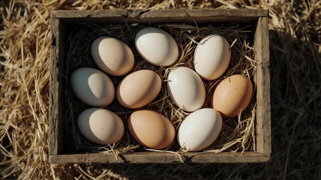 Fresh farm eggs in wooden crate on straw background