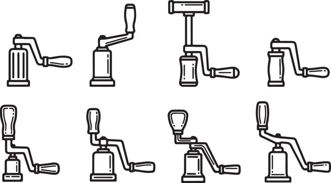 Set of eight black desk lamps with adjustable arms and round shades vector icons Vector