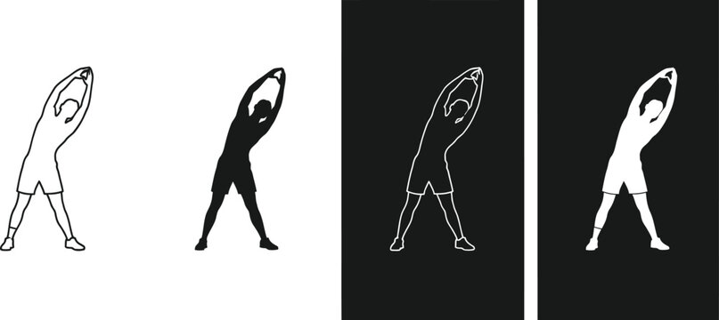 Minimalist figures performing side bend exercise in black and white with cool down