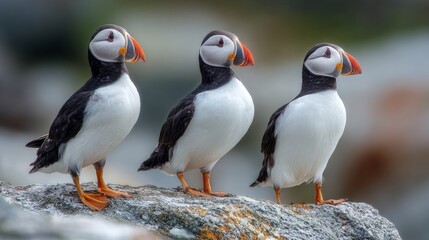 Fototapeta premium puffin, seabird, bird, wildlife, nature, ocean, coast, coastal, rock, cliff, marine, habitat, atlantic, arctic, fratercula, arctica, beak, colorful, plumage, black, white, orange, trio, group, standin