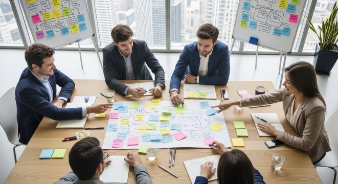 Team collaborating on strategy with sticky notes