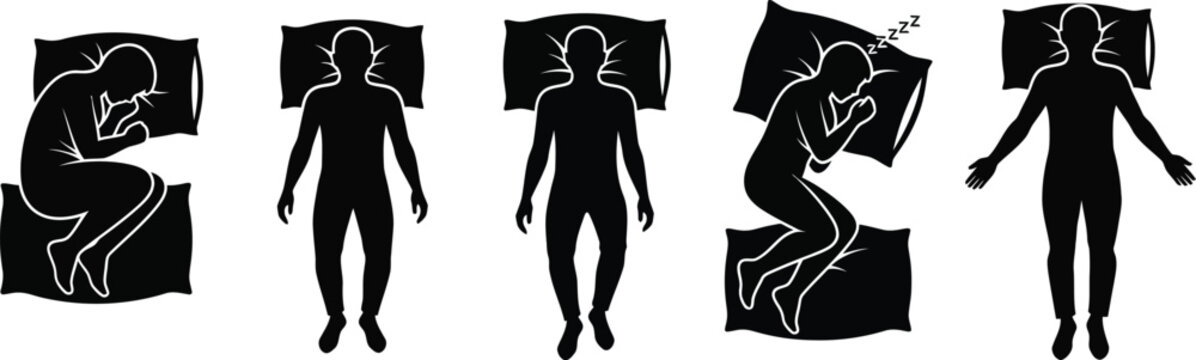 Various sleeping positions of a person on a bed with pillow silhouettes, sleeping