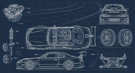 Detailed Blueprint of a Sports Car and Engine Components. © Payah