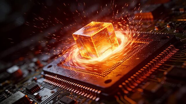 Glowing transparent cube on circuit board with orange flame and light effects