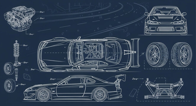 Detailed Blueprint of a Sports Car and Engine Components.