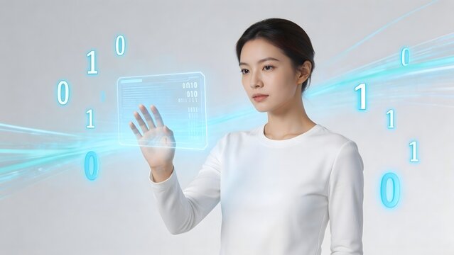 Woman interacting with digital interface
