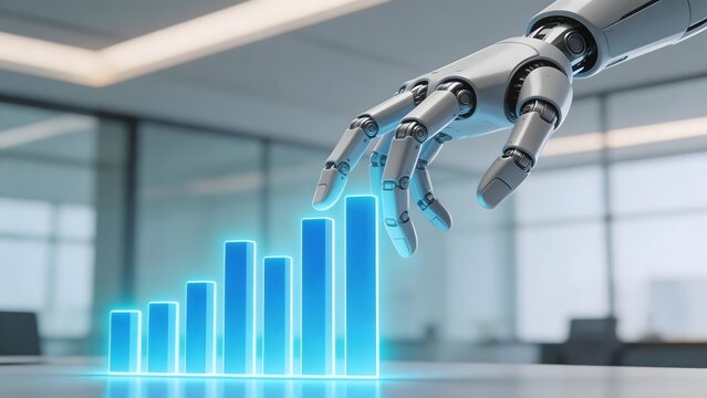Robot hand interacting with digital bar chart