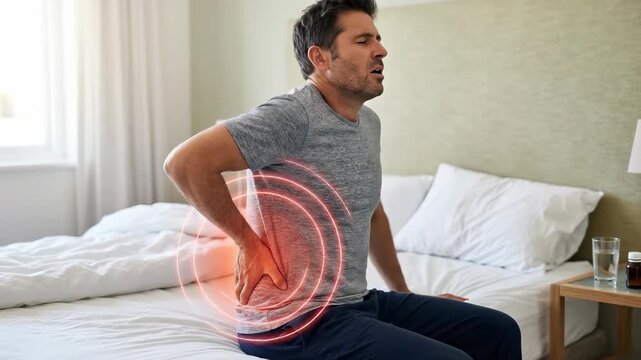 Adult man, experiencing severe lower back pain, clutching his lumbar region, sitting on the bed, struggling with chronic discomfort, spinal health concern, physical ailment, medical condition