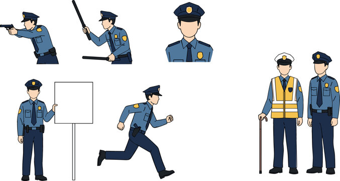 Police Officer Illustration Set with Different Poses, Actions, and Equipment for Law Enforcement, Security, and Emergency Services Designs