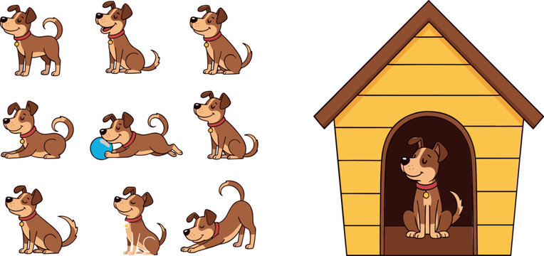 Playful Dog Illustration Set with Various Poses, Ball, and Dog House for Pet Care, Animal, and Dog Lover Designs