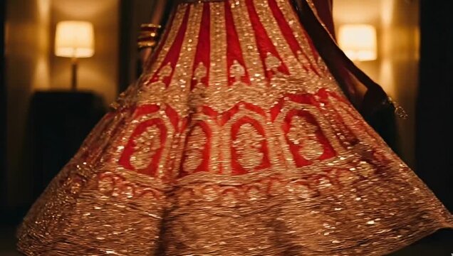 Slow Motion Spin of Indian Bride in Heavily Embroidered Red Wedding Lehenga