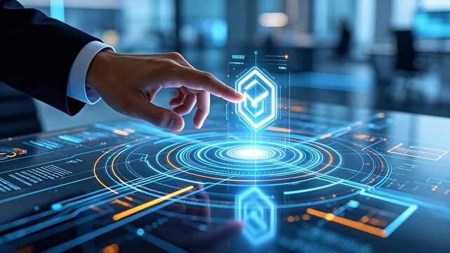 Hand touching holographic interface with hexagonal icons on table